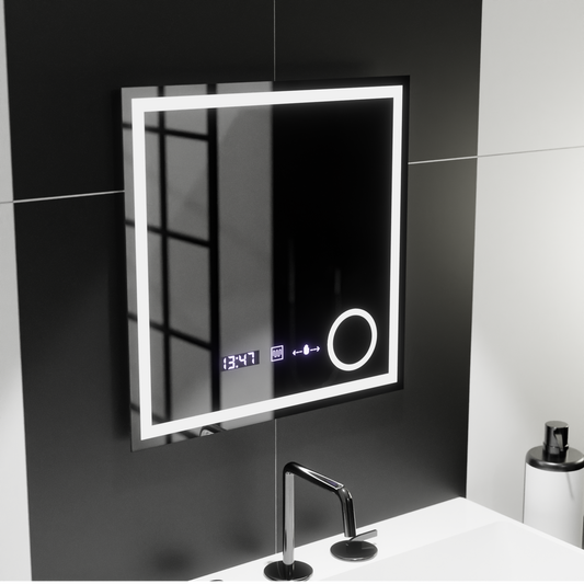 Obdĺžnikové LED zrkadlo, 60x60cm, Souverain MotionGlow Marcello, Demister System, Hodiny & Teplomer, Kozmetická lupa, Stmievateľné