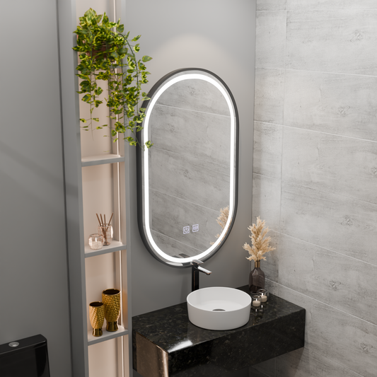 LED oválne zrkadlo 50 x 100 cm VETRO dotykový stmievateľný systém odhmlievania, čierny rám