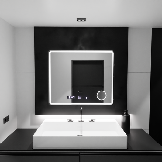 Obdĺžnikové LED zrkadlo, 90x75cm, Riflesso MotionGlow Marcello, Demister System, Hodiny & Teplomer, Kozmetická lupa, Stmievateľné