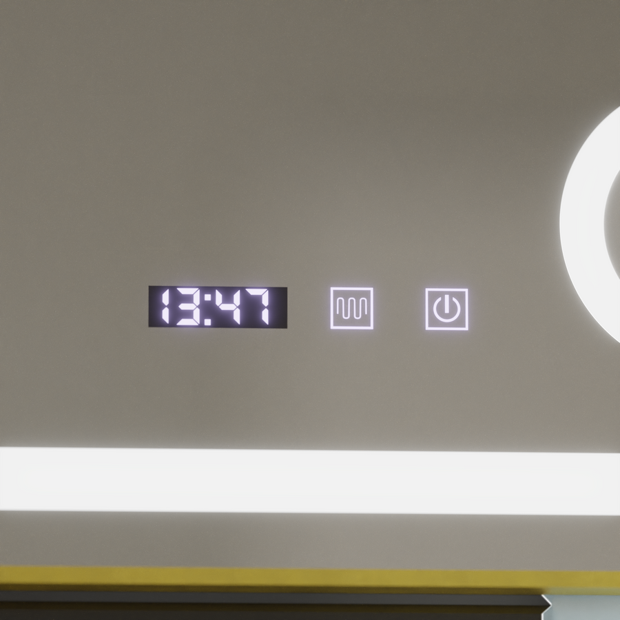 CLARUS LED dotykový systém odhmlievania, hodiny a teplota 60x80 cm brúsená kozmetická lupa so zlatým rámom