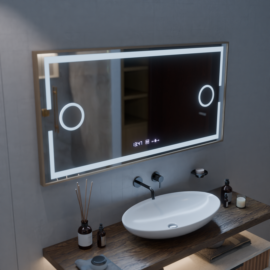 LED Motionglow Sensor Mirror Isabell s odmrazovacou funkciou rozmrazovania 120x80 cm teplé/studené/neutrálne stmievacie svetlo, ružový zlatý rámec, zbierka Marcello Fungi