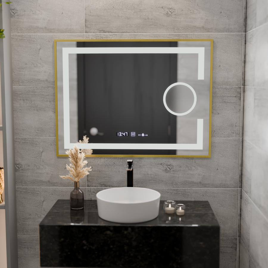 Obdĺžnikové LED zrkadlo, 80 x 60 cm, Eclat MotionGlow Marcello, systém odhmlievania, hodiny a teplomer, kozmetická lupa, stmievateľné, rám z brúseného zlata