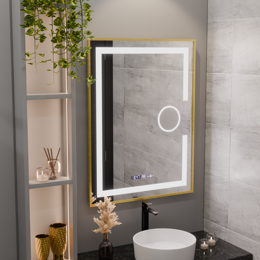 Obdĺžnikové LED zrkadlo, 60x80cm, Eclat MotionGlow Marcello, Demister System, Hodiny & Teplomer, Kozmetická lupa, Stmievateľné, Rám z brúseného zlata