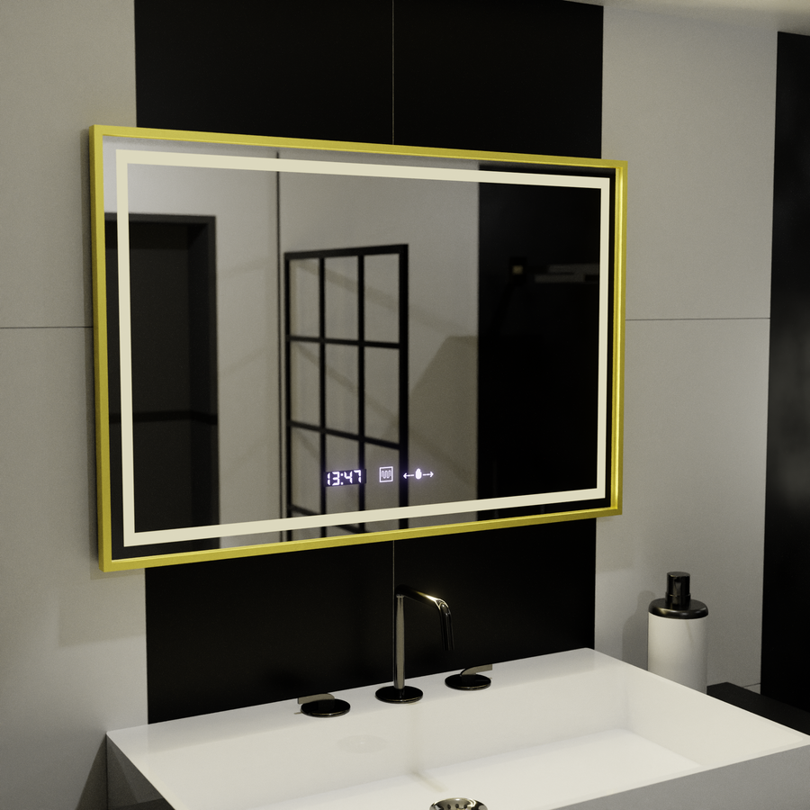 Obdĺžnikové LED zrkadlo, 120x80cm, Verite Royale Gold MotionGlow Marcello, Demister System, Hodiny & Teplomer, Stmievateľné