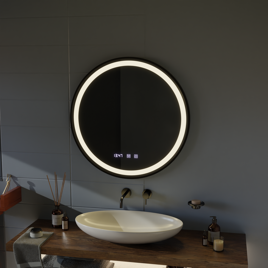 Zrkadlo LED Touch NOVARA odhmlievací systém, hodiny a teplota 60 cm brúsený čierny rám