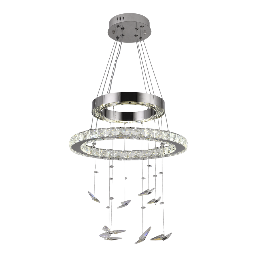 Závesný LED luster s diaľkovým ovládaním a kryštálom 37W, 2 kruhy, studené/teplé/neutrálne svetlo, stmievateľné, lesklý chróm, nastaviteľná výška