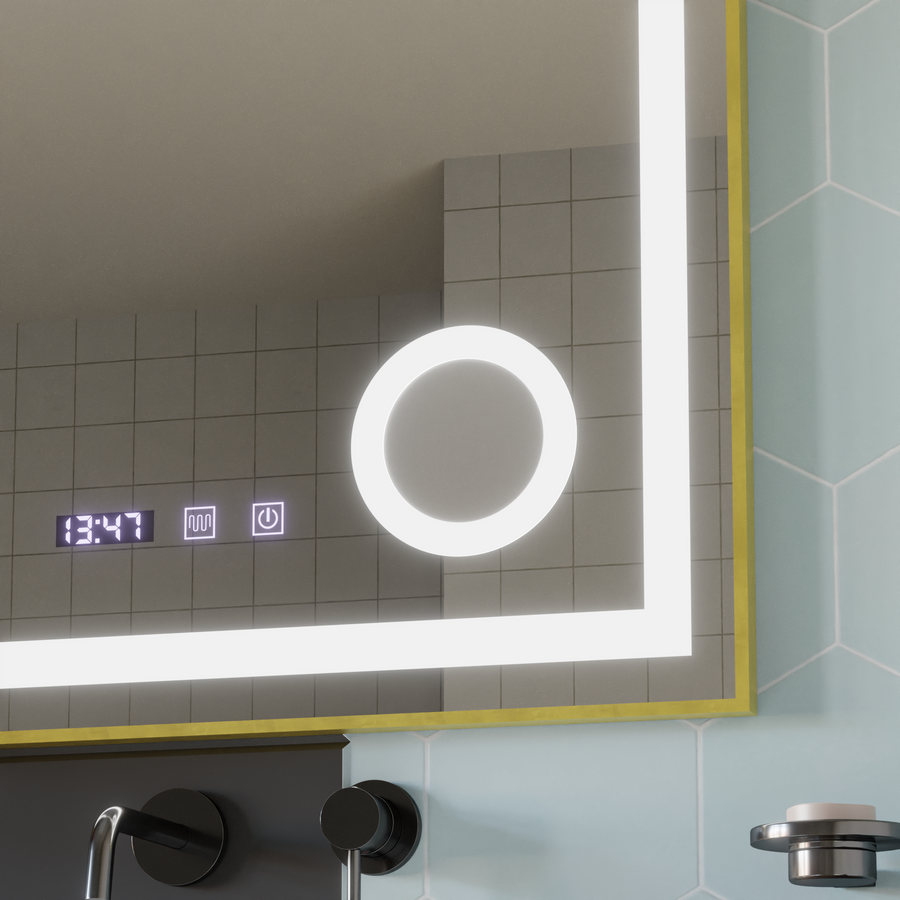 CLARUS LED dotykový systém odhmlievania, hodiny a teplota 60x80 cm brúsená kozmetická lupa so zlatým rámom