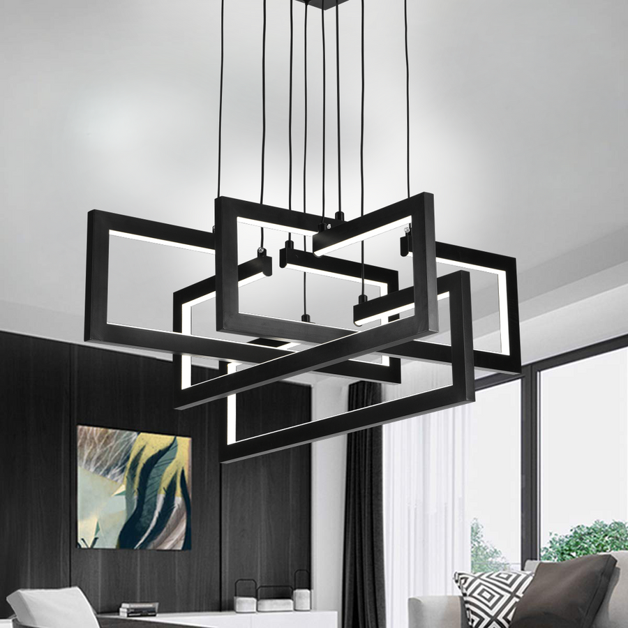 LED luster s diaľkovým ovládaním, Závesný 98W, 4 prvky, Studené/Teplé/Neutrálne svetlo, Stmievateľné, Nastaviteľná výška, Čierny