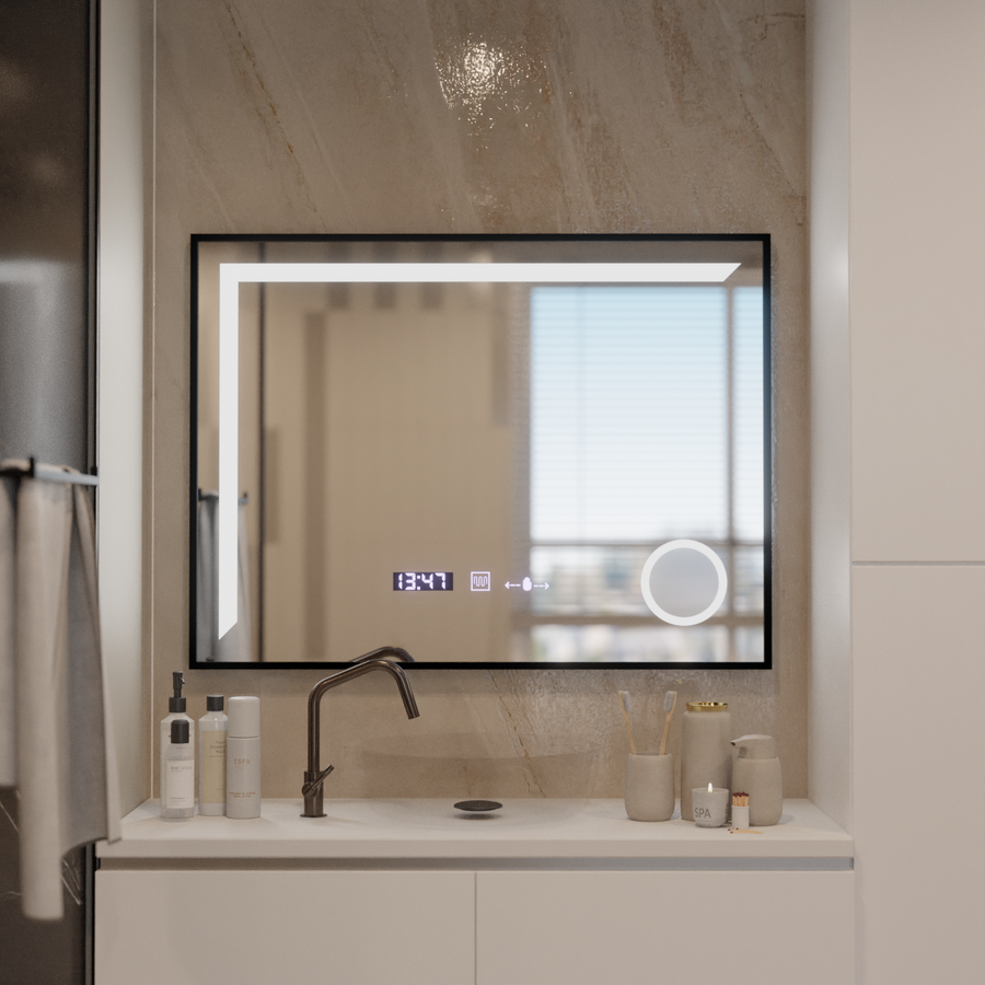 LED zrkadlo Francesca MotionGlow Snímač 80x60 cm Teplé/studené/Neutrálne svetlo Stmievateľný rám Čierny kartáčovaný systém odhmlievania Teplomer Hodiny Marcello Funghi Collection