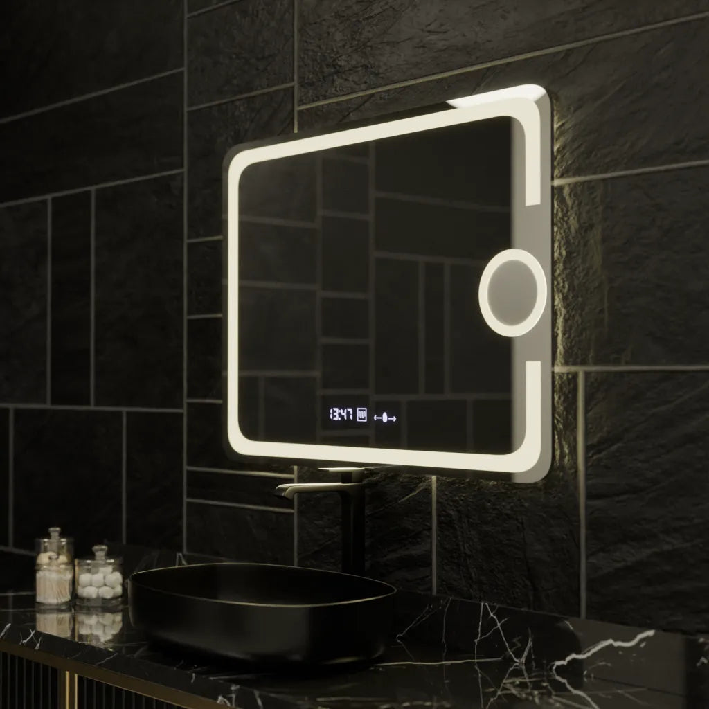 Zrkadlové obdĺžnikové obdĺžnikové 80x60cm Eclat Motionglow Marcello Clock Defrition System & Wolf Termometer Smoteble Cosmetic