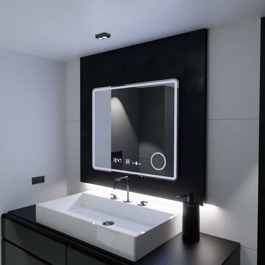 Obdĺžnikové LED zrkadlo, 90x75cm, Riflesso MotionGlow Marcello, Demister System, Hodiny & Teplomer, Kozmetická lupa, Stmievateľné
