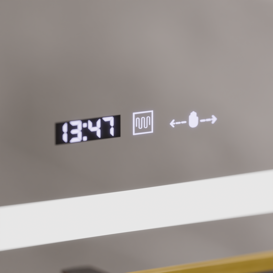 Obdĺžnikové LED zrkadlo, 60x80cm, Eclat MotionGlow Marcello, Demister System, Hodiny & Teplomer, Kozmetická lupa, Stmievateľné, Rám z brúseného zlata