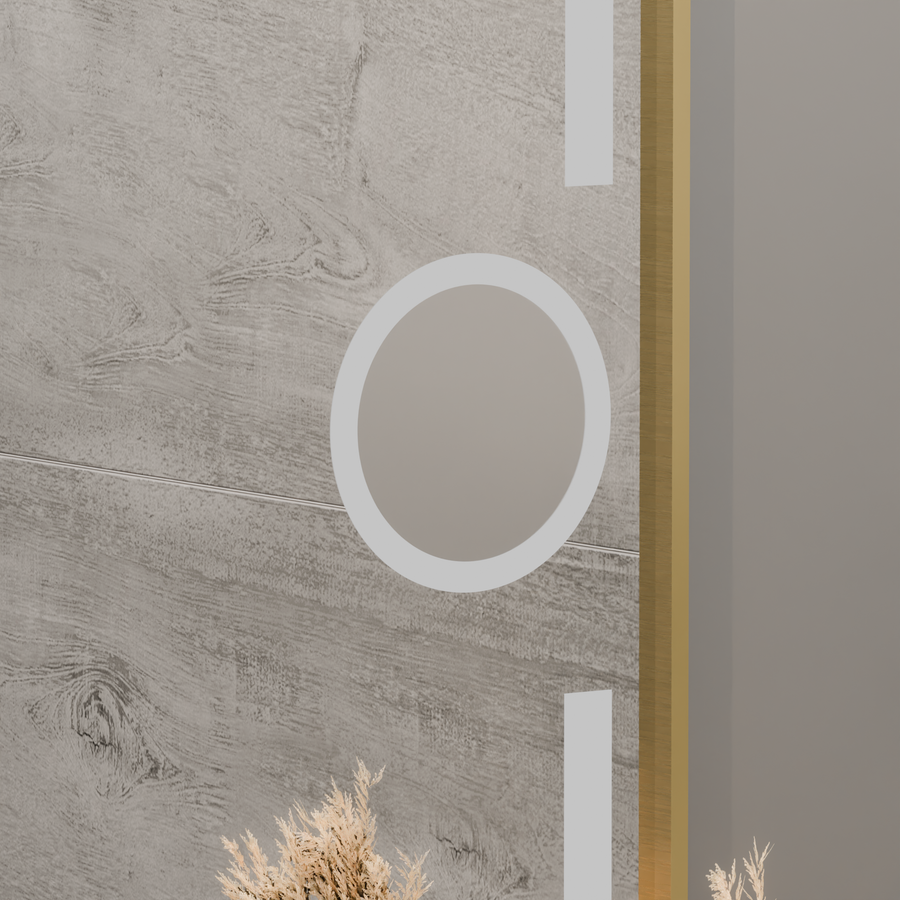 Obdĺžnikové LED zrkadlo, 60x80cm, Eclat MotionGlow Marcello, Demister System, Hodiny & Teplomer, Kozmetická lupa, Stmievateľné, Rám z brúseného zlata