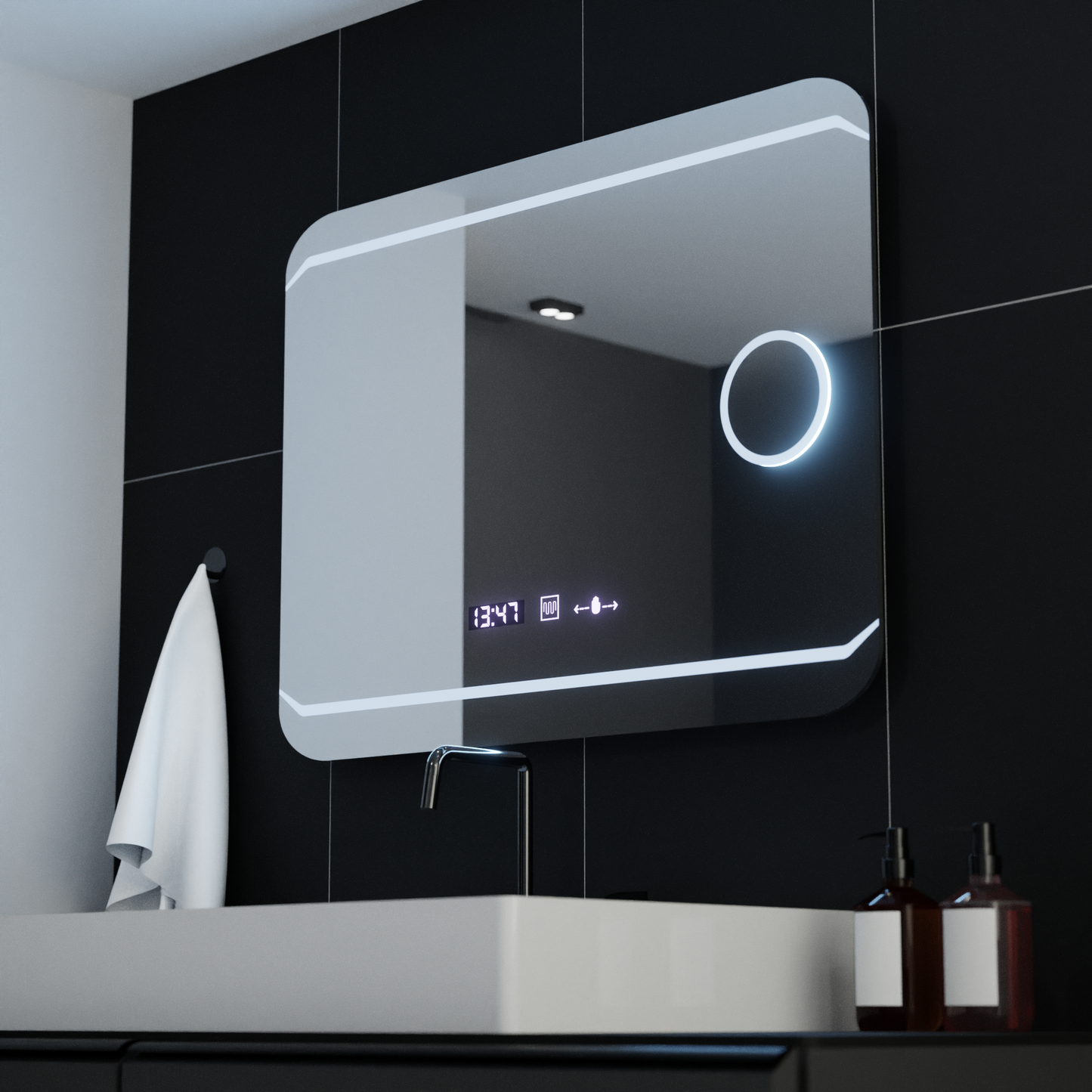 Obdĺžnikové LED zrkadlo 80x60cm Stile Motionglow Marcello rušivé systém a teplomer kozmetiky