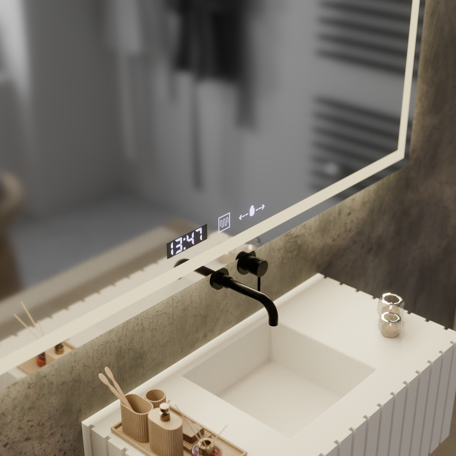 Obdĺžnikové LED zrkadlo, 120x60cm, Verite MotionGlow Marcello, Demister System, Hodiny & Teplomer, Stmievateľné