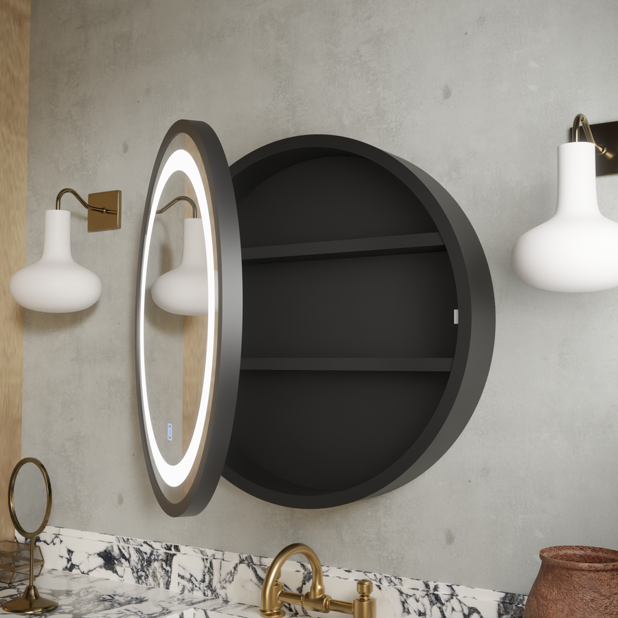 LED zrkadlo so skrinkou, okrúhle, 50x50 cm, odhmlievanie, studené/teplé/neutrálne svetlo, čierny rám, úložný priestor
