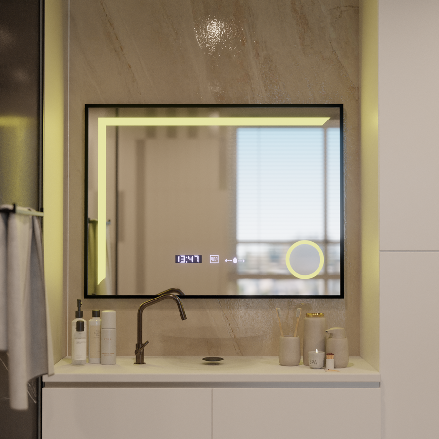 LED zrkadlo Francesca MotionGlow Snímač 80x60 cm Teplé/studené/Neutrálne svetlo Stmievateľný rám Čierny kartáčovaný systém odhmlievania Teplomer Hodiny Marcello Funghi Collection