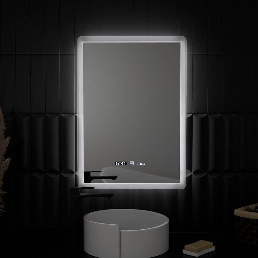 Obdĺžnikové LED zrkadlo, 50x70cm, senzor Zampa MotionGlow Marcello, systém odhmlievania, hodiny a teplomer, stmievateľné