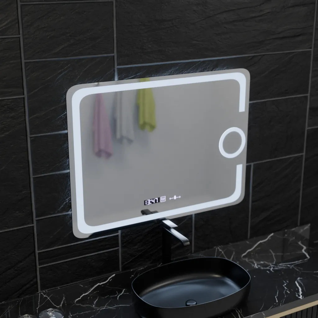 Zrkadlové obdĺžnikové obdĺžnikové 80x60cm Eclat Motionglow Marcello Clock Defrition System & Wolf Termometer Smoteble Cosmetic