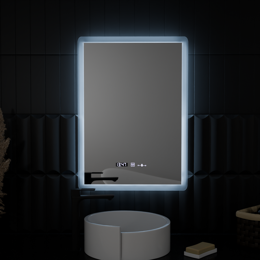 Obdĺžnikové LED zrkadlo, 50x70cm, senzor Zampa MotionGlow Marcello, systém odhmlievania, hodiny a teplomer, stmievateľné