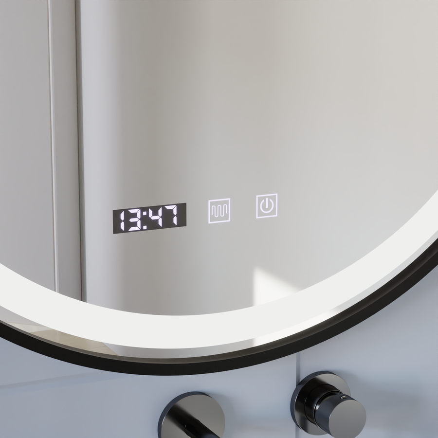 Zrkadlo LED Touch NOVARA odhmlievací systém, hodiny a teplota 60 cm brúsený čierny rám