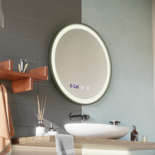 LED dotykové zrkadlo NOVARA odhmlievací systém, hodiny a teplota 80 cm brúsený čierny rám