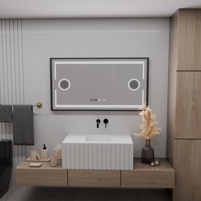 LED zrkadlové Motionglow Sensor Domingo s odmrazovaním funkcie rozmrazovania 120x65 cm studené/teplé svetlo, čierny kefovaný rám, zbierka Marcello Funghi Collection