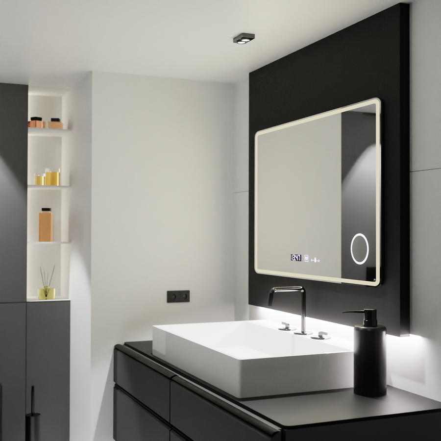 Obdĺžnikové LED zrkadlo 120x80 Aura Riflesso Puro MotionGlow Marcello, Demister System, Teplomer a hodiny, Stmievateľné
