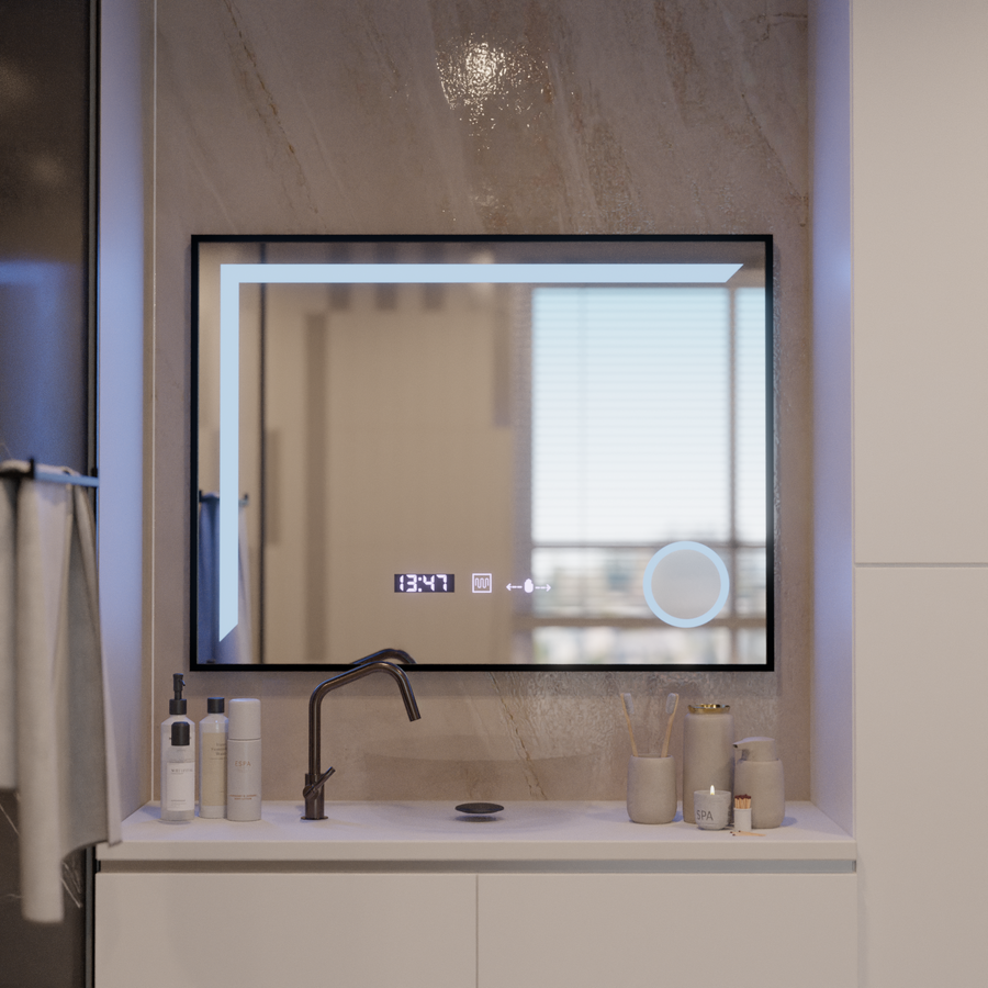 LED zrkadlo Francesca MotionGlow Snímač 80x60 cm Teplé/studené/Neutrálne svetlo Stmievateľný rám Čierny kartáčovaný systém odhmlievania Teplomer Hodiny Marcello Funghi Collection