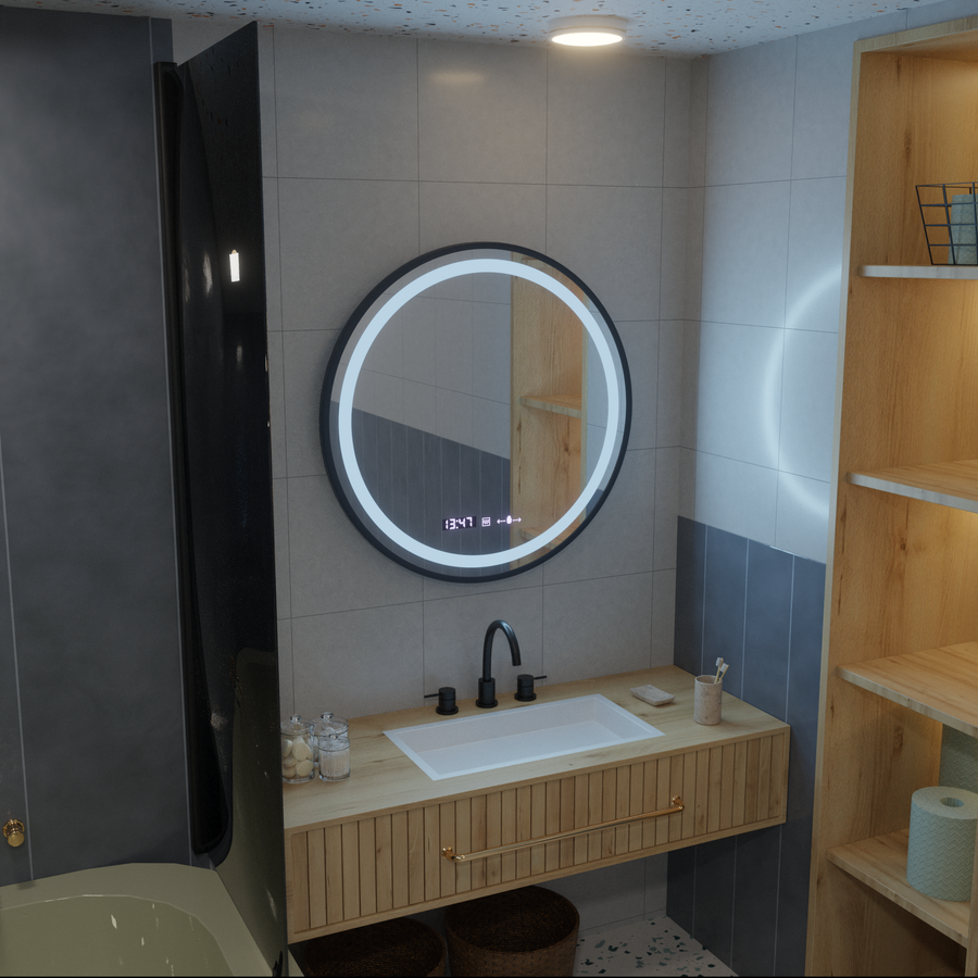 LED okrúhle zrkadlo, 80 cm, Celeste Majesté Noir MotionGlow Marcello, Demister System, Hodiny & Teplomer, Stmievateľné
