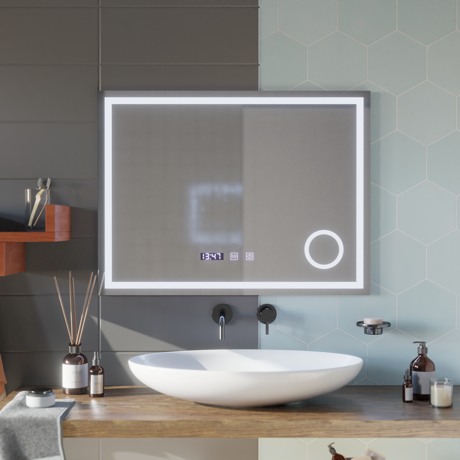 NIVERA LED dotykový systém odhmlievania zrkadla, hodiny a teplota Kozmetická lupa 80x60 cm