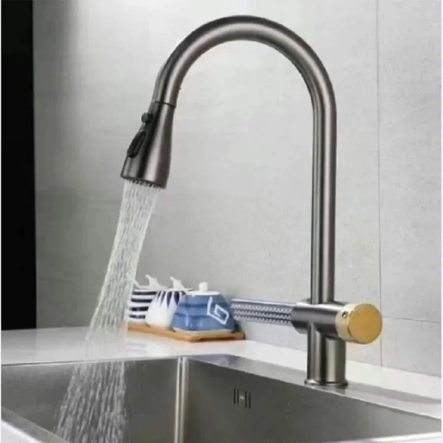 Kuchynská batéria so sivou sprchou z nehrdzavejúcej ocele s funkciou vodopádu YB1500N