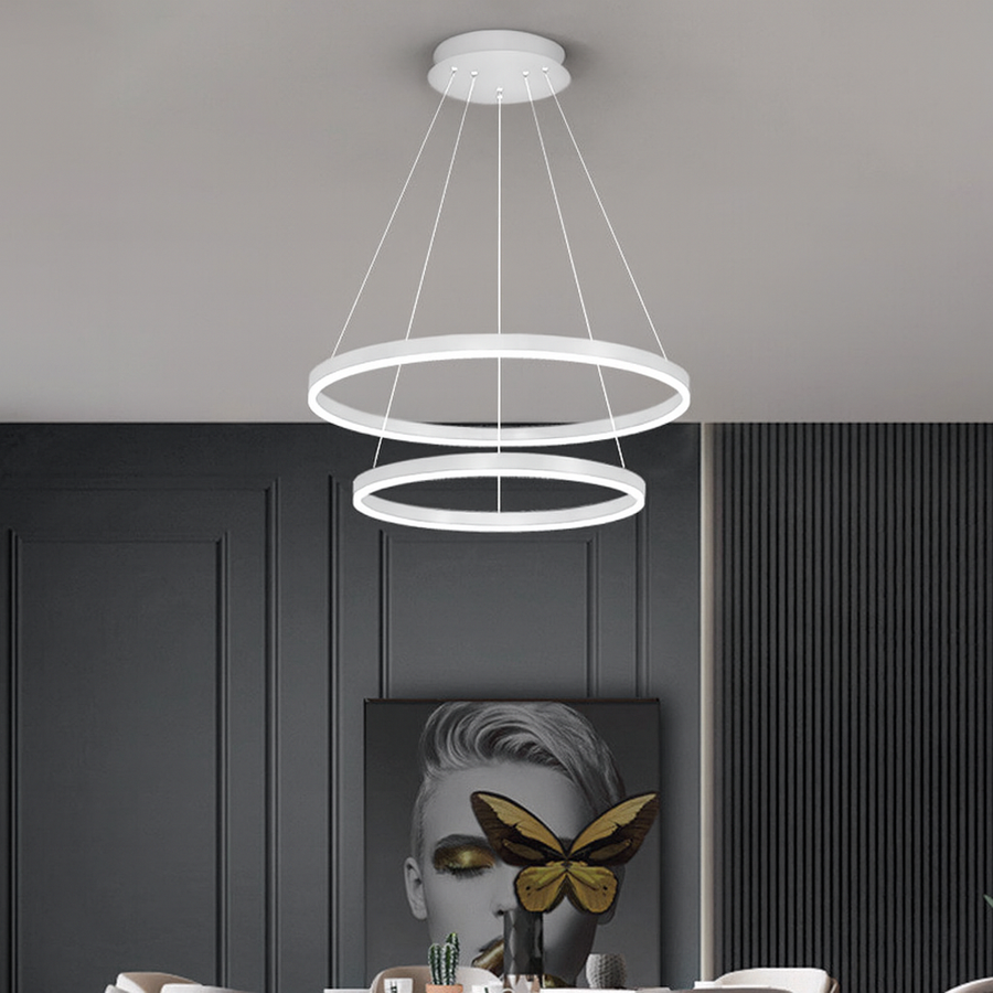 Závesný LED luster s diaľkovým ovládaním CASIANA 42W, 2 kruhy, studené/teplé/neutrálne svetlo, stmievateľné, biele, výškovo nastaviteľné