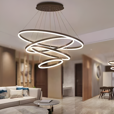 Závesný LED luster s diaľkovým ovládaním CASIANA 130W, 4 kruhy, studené/teplé/neutrálne svetlo, stmievateľné, čierny, výškovo nastaviteľný