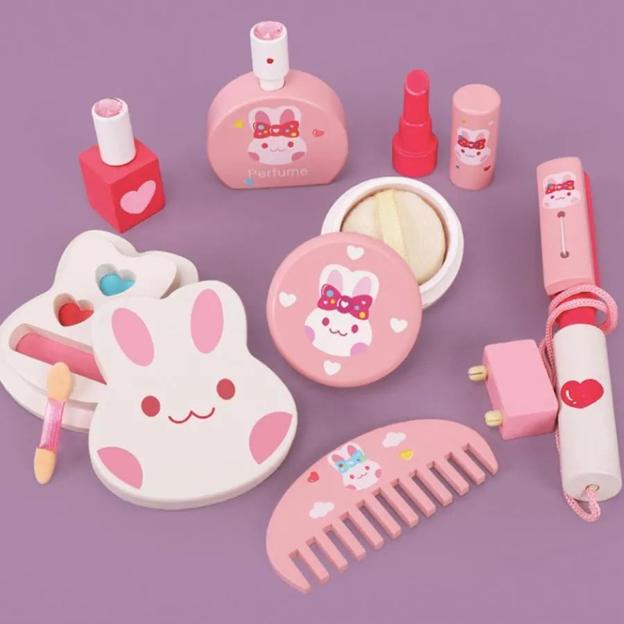 Hračka make -upu a kozmetického stola králika, 16 kusov, ružové, drevo