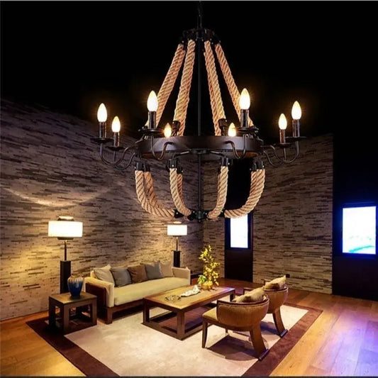 Kruhový luster, 8*e14, čierny, kov a povraz