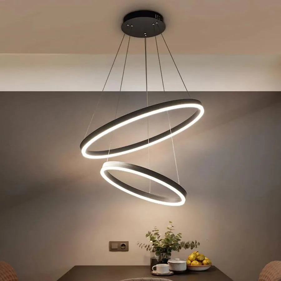 Závesný LED luster s diaľkovým ovládaním CASIANA 41W, 2 kruhy, studené/teplé/neutrálne svetlo, stmievateľné, čierny, výškovo nastaviteľný