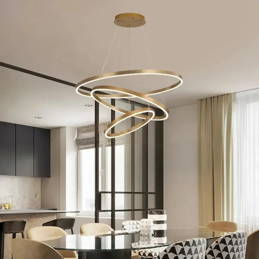 Závesný LED luster s diaľkovým ovládaním AZARIAH 130W, 3 kruhy, Studené/Teplé/Neutrálne svetlo, Stmievateľné, Lesklý zlatý, Nastaviteľná výška