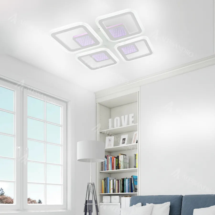 LED luster s diaľkovým ovládaním CHAI 3D 104W, 4 štvorce, studené/teplé/neutrálne svetlo, stmievateľné, biela