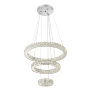 Závesný LED luster s diaľkovým ovládaním a krištáľom CANAAN 120W, 3 kruhy, studené/teplé/neutrálne svetlo, stmievateľné, lesklý chróm, nastaviteľná výška
