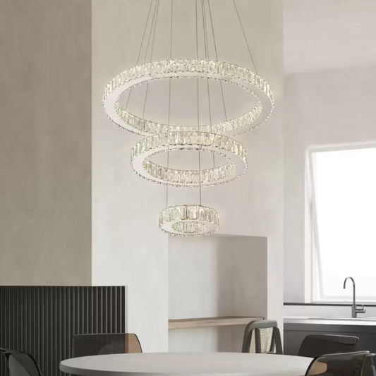 Závesný LED luster s diaľkovým ovládaním a krištáľom CANAAN 120W, 3 kruhy, studené/teplé/neutrálne svetlo, stmievateľné, lesklý chróm, nastaviteľná výška