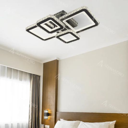 LED luster s diaľkovým ovládaním a krištáľom BLAKELY RGB 154W, 4 štvorce, studené/teplé/neutrálne svetlo, stmievateľné, čierny