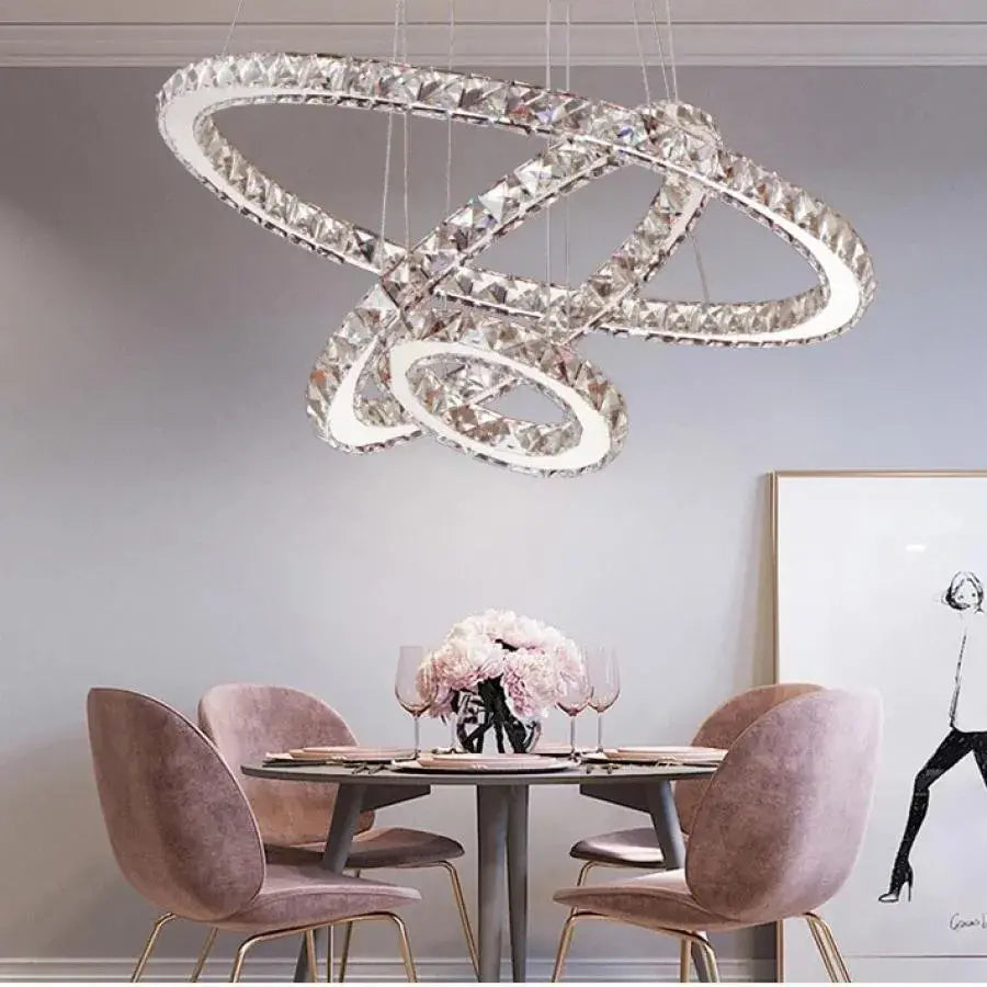 Závesný LED luster s diaľkovým ovládaním a krištáľom PRISM LUMINIS 78W, 3 kruhy, studené/teplé/neutrálne svetlo, stmievateľné, strieborné, výškovo nastaviteľné