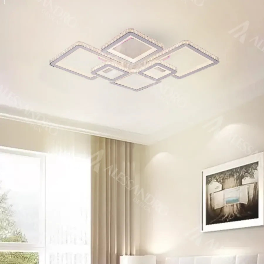 LED luster s diaľkovým ovládaním a kryštálom QUADRIS RGB 170W, 6 štvorcových, studené/teplé/neutrálne svetlo, stmievateľné, biely
