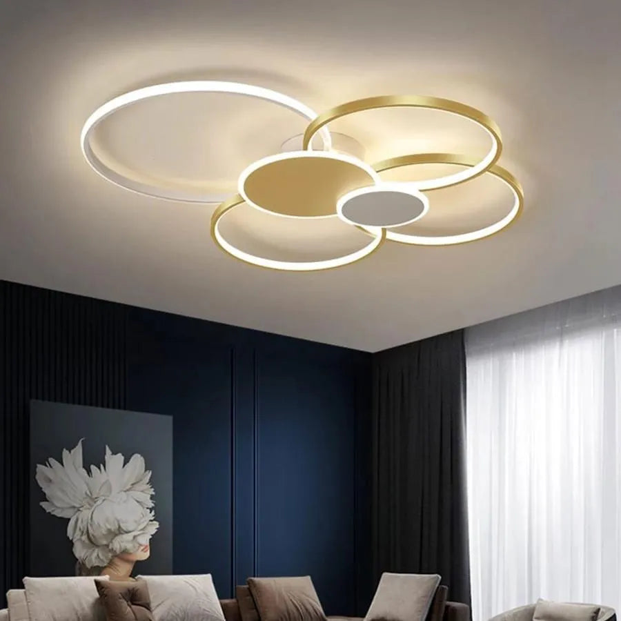 LED luster s diaľkovým ovládaním KILLIAN 74W, 6 kruhov, studené/teplé/neutrálne svetlo, stmievateľné, biele zlato