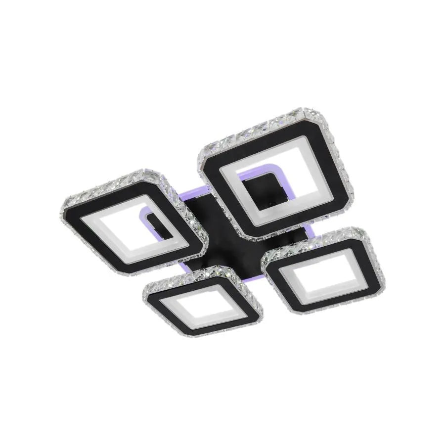 LED luster s diaľkovým ovládaním a krištáľom LEILA RGB 79W, 4 štvorce, studené/teplé/neutrálne svetlo, stmievateľné, lesklý čierny chróm