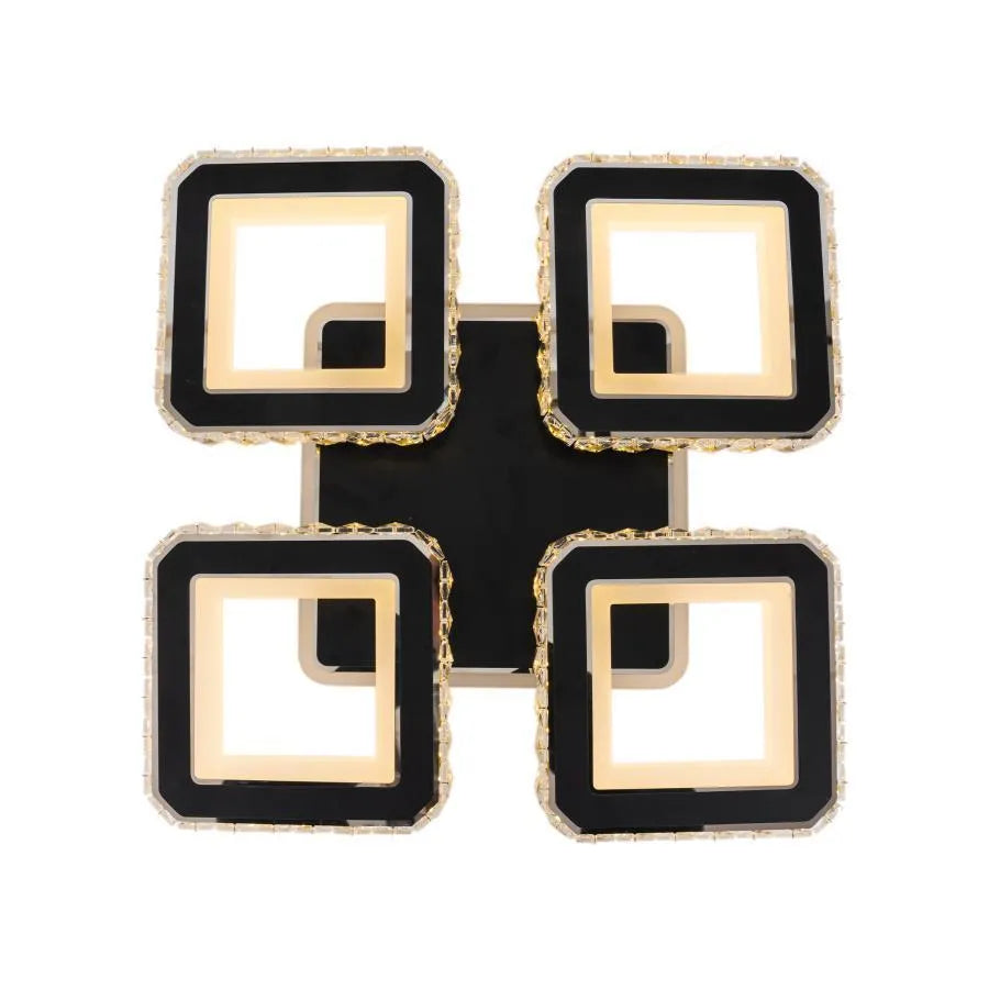 LED luster s diaľkovým ovládaním a krištáľom LEILA RGB 79W, 4 štvorce, studené/teplé/neutrálne svetlo, stmievateľné, lesklý čierny chróm