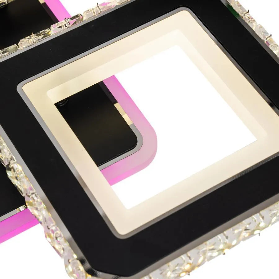 LED luster s diaľkovým ovládaním a krištáľom LEILA RGB 79W, 4 štvorce, studené/teplé/neutrálne svetlo, stmievateľné, lesklý čierny chróm