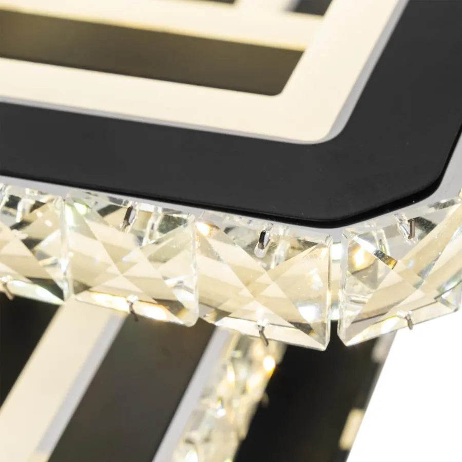 LED luster s diaľkovým ovládaním a krištáľom LEILA 154W, 3 štvorce, studené/teplé/neutrálne svetlo, stmievateľné, lesklý čierny chróm