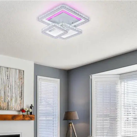 LED luster s diaľkovým ovládaním a krištáľom LEILA 154W, 3 štvorce, studené/teplé/neutrálne svetlo, stmievateľné, lesklá chrómová biela